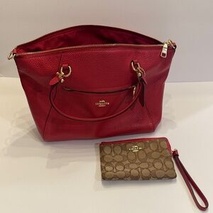 Coach Red Leather Bag with Brown Wristlet